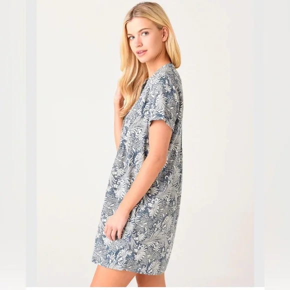 Faherty Gemina Pintuck Short Sleeve Linen Blend Shirt Dress In Blue Stripe Sz M - Picture 5 of 10